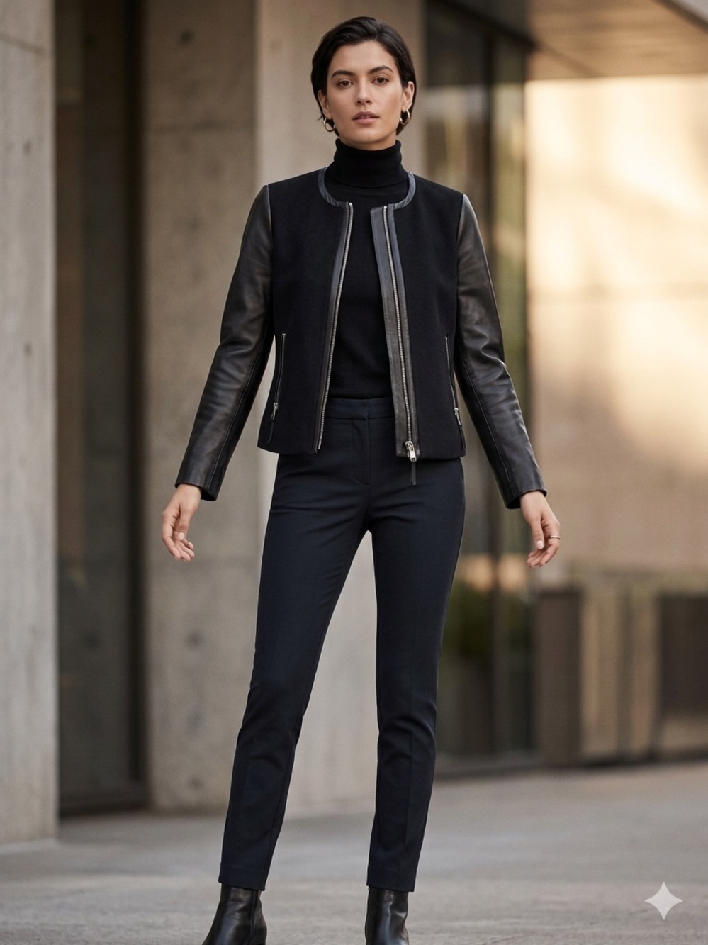 Milly Black Wool Bomber Jacket with Lamb Leather Sleeves, Size 2